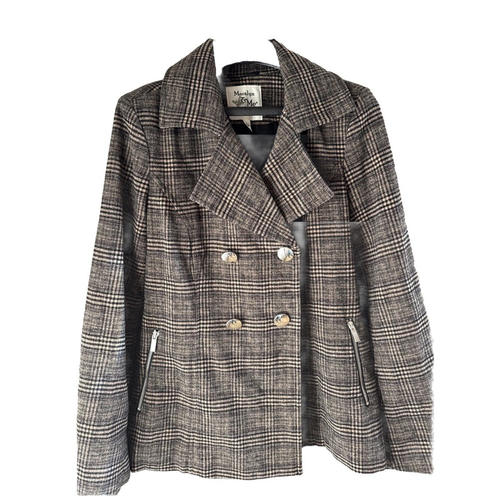 Maralyn & Me Women Pea Coat Jacket Black Multi Plaid Double Breasted Size Large